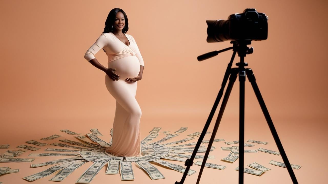 A pregnant woman at an indoor maternity photoshoot stands in front of a professional studio camera, smiling, with money scattered all over the floor."